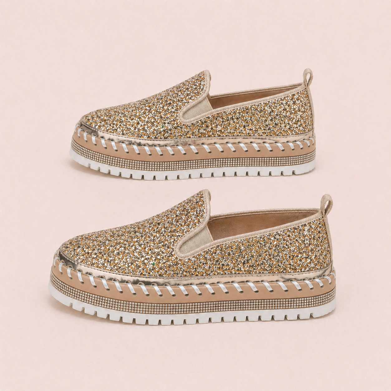 Suprclark Women Slip On Sparkly Loafers - Gold