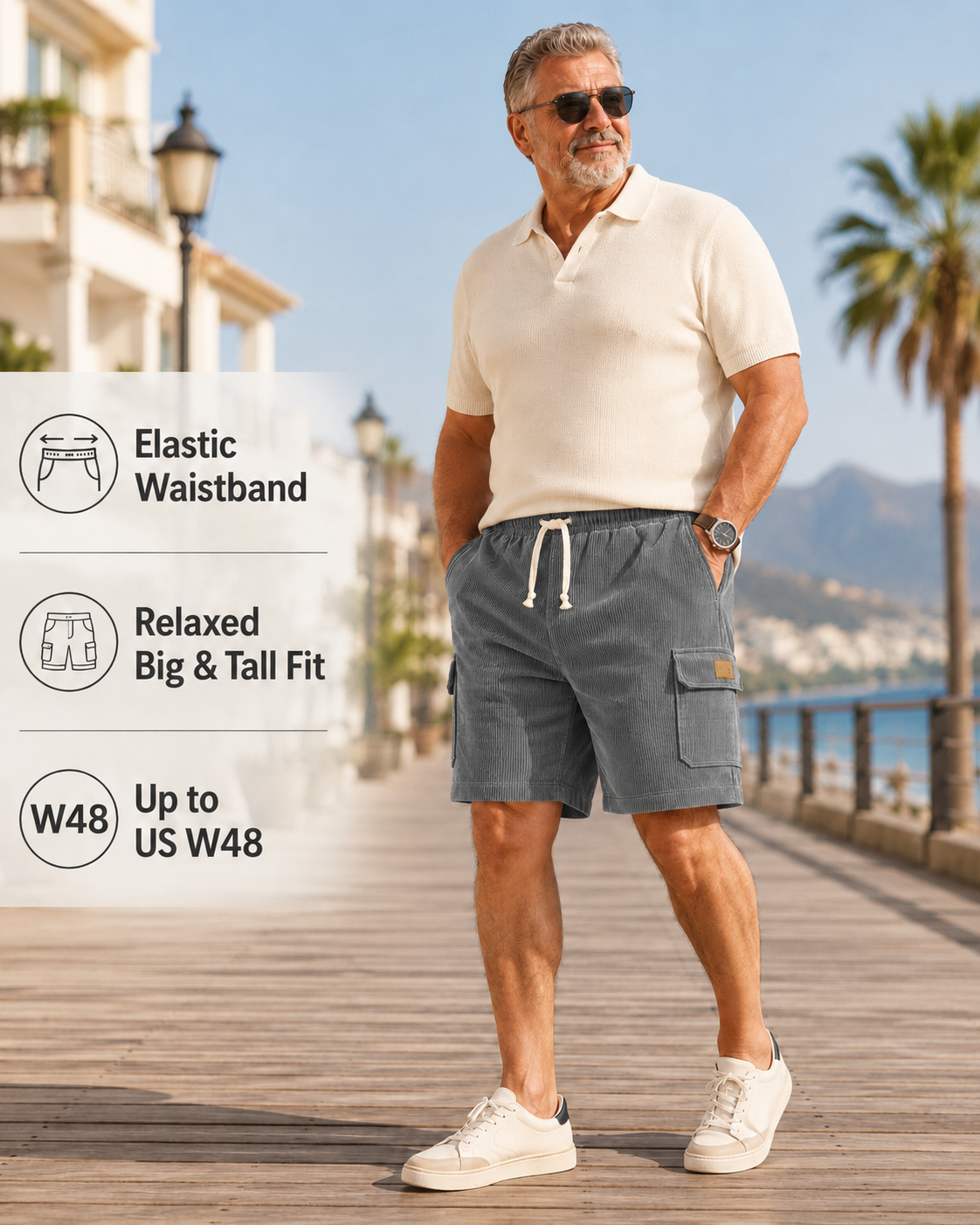 Big & Tall Corduroy Cargo Shorts with Elastic Waist