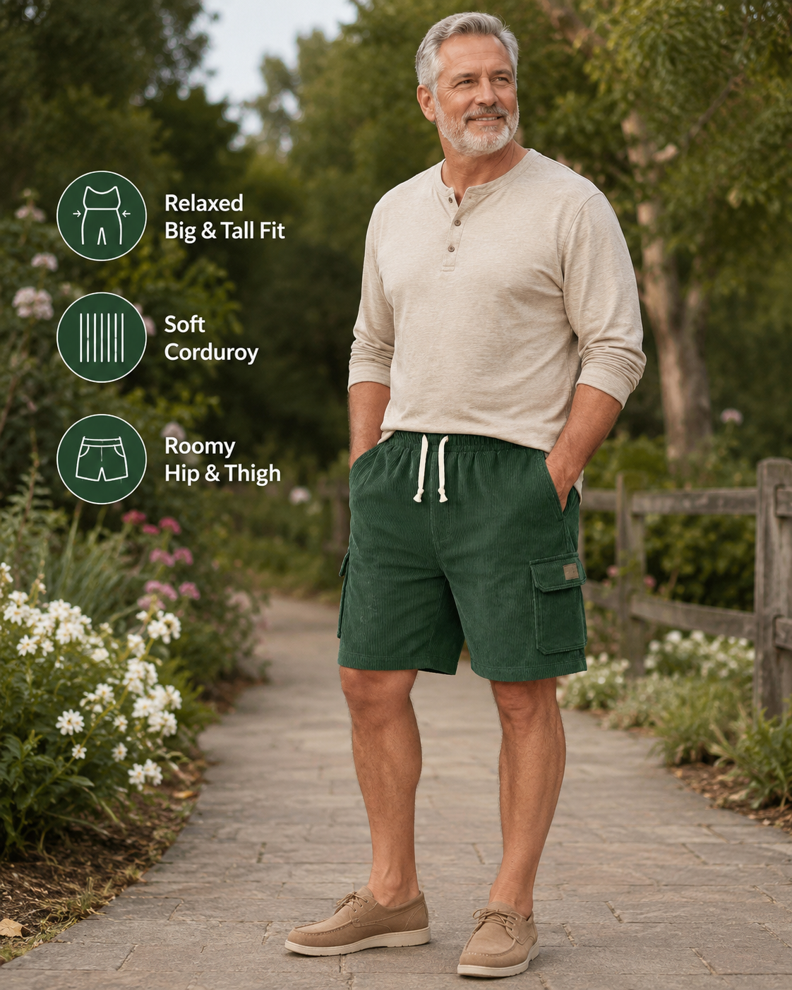 Big & Tall Corduroy Cargo Shorts with Elastic Waist