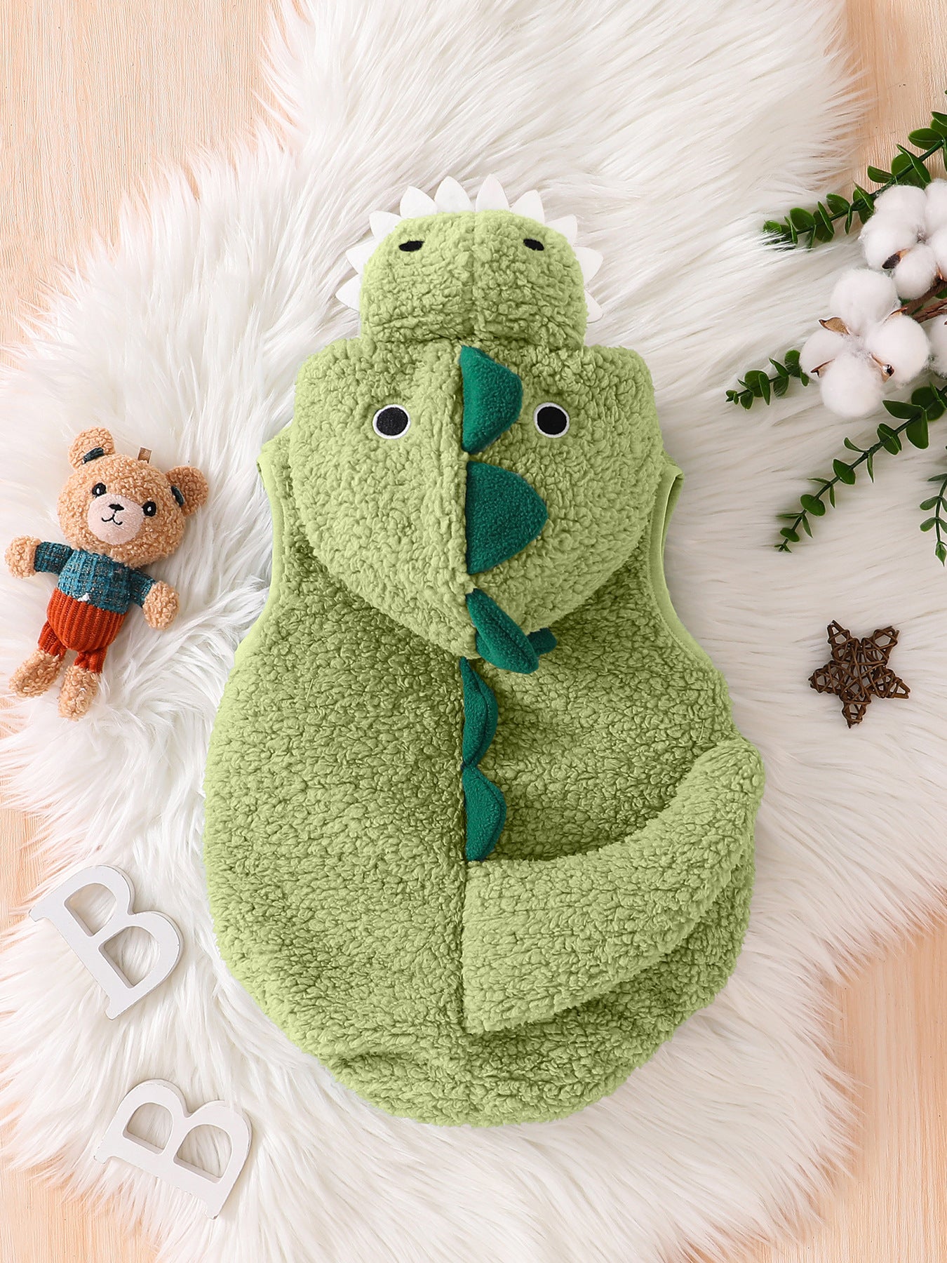 Dinosaur Hooded Baby Romper, Fuzzy Sleeveless Costume Bodysuit for Infants