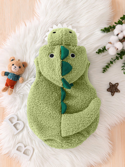 Dinosaur Hooded Baby Romper, Fuzzy Sleeveless Costume Bodysuit for Infants