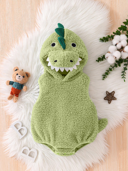 Dinosaur Hooded Baby Romper, Fuzzy Sleeveless Costume Bodysuit for Infants