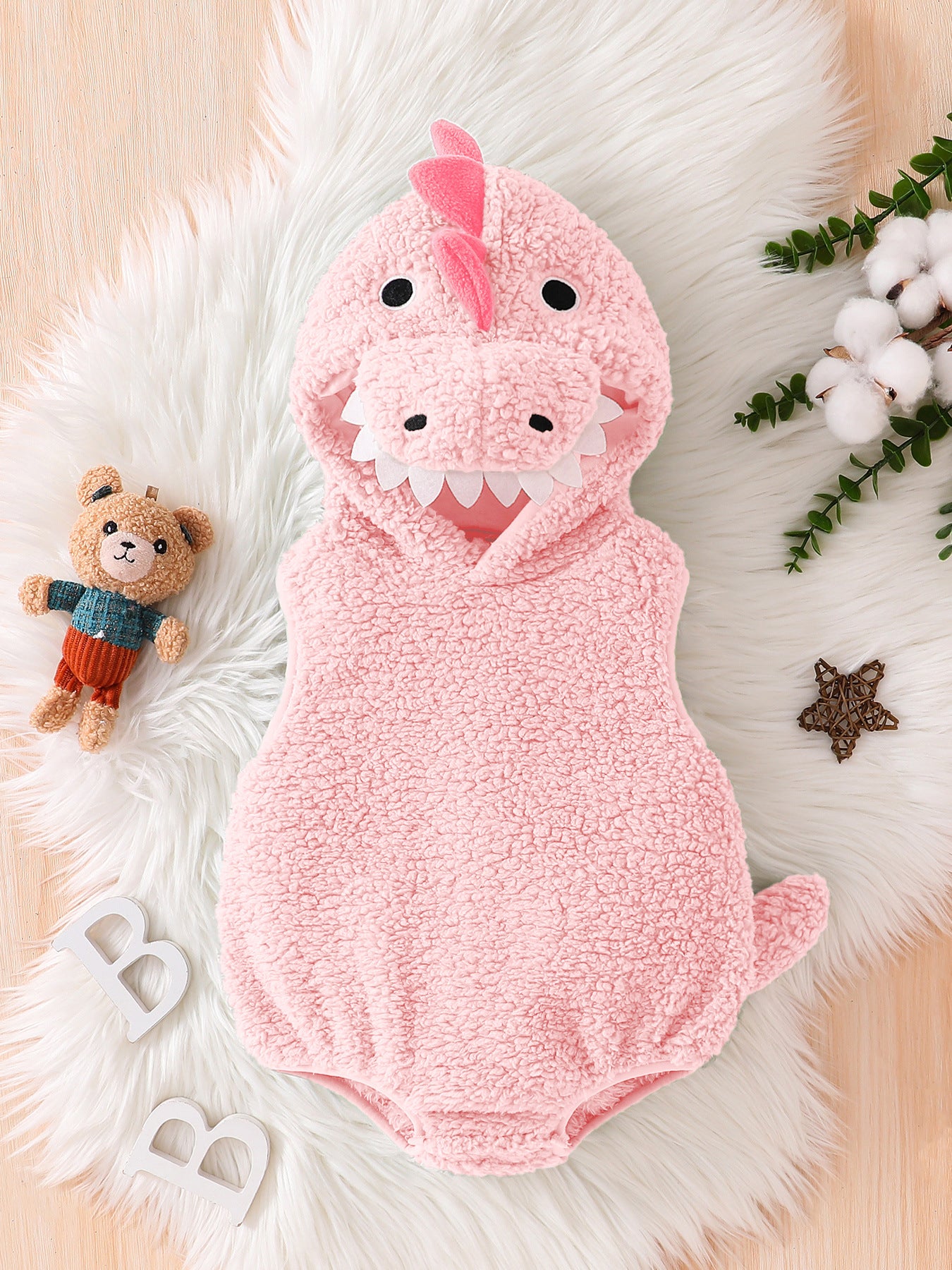 Dinosaur Hooded Baby Romper, Fuzzy Sleeveless Costume Bodysuit for Infants
