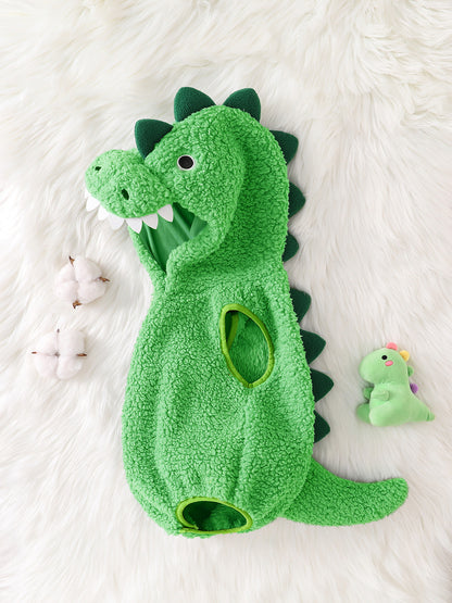 Dinosaur Hooded Baby Romper, Fuzzy Sleeveless Costume Bodysuit for Infants