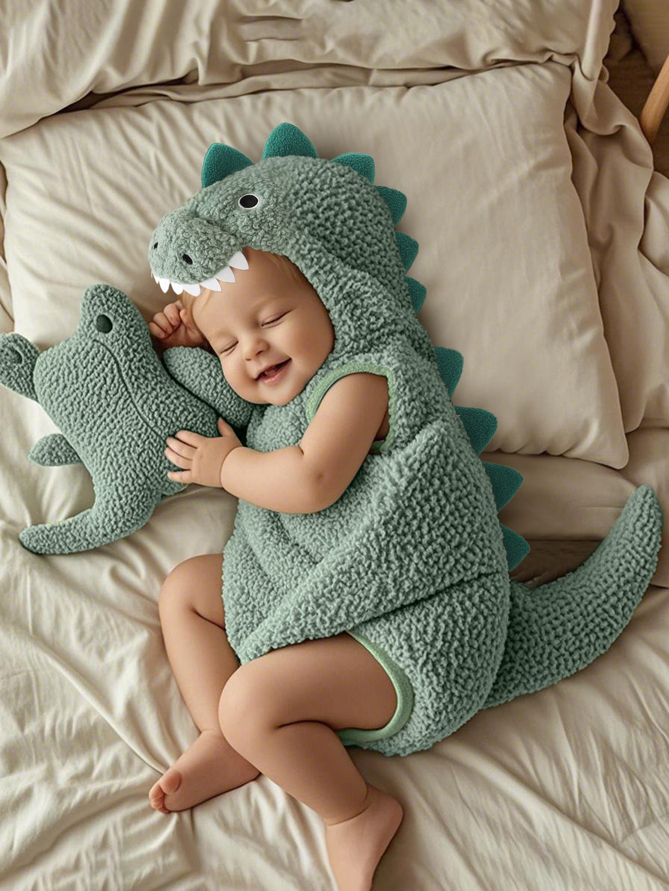 Dinosaur Hooded Baby Romper, Fuzzy Sleeveless Costume Bodysuit for Infants