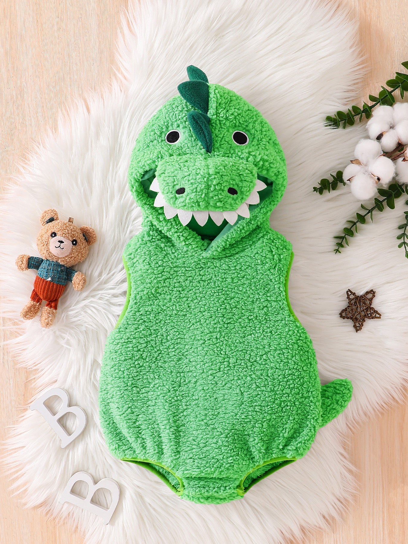 Dinosaur Hooded Baby Romper, Fuzzy Sleeveless Costume Bodysuit for Infants