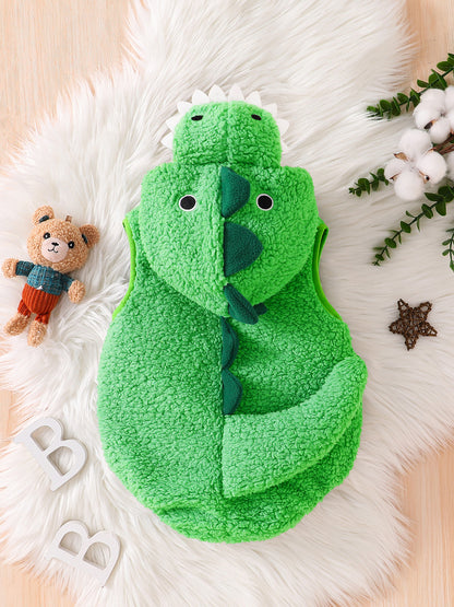 Dinosaur Hooded Baby Romper, Fuzzy Sleeveless Costume Bodysuit for Infants