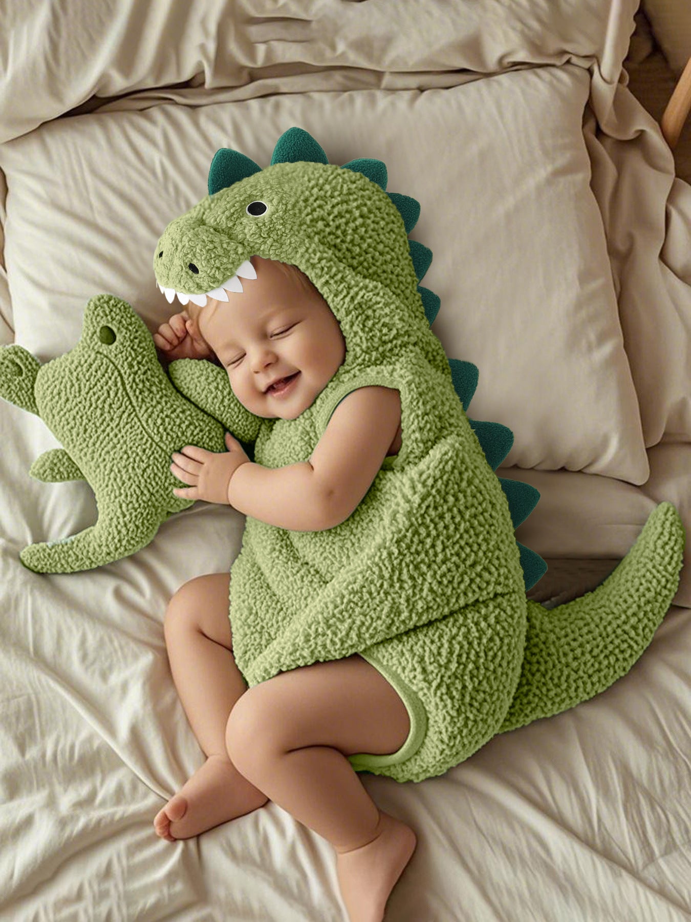 Dinosaur Hooded Baby Romper, Fuzzy Sleeveless Costume Bodysuit for Infants