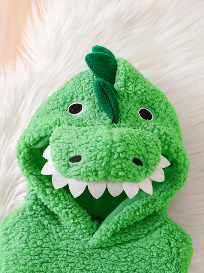Dinosaur Hooded Baby Romper, Fuzzy Sleeveless Costume Bodysuit for Infants