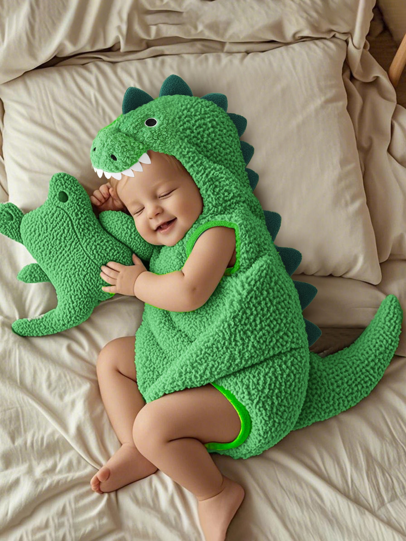 Dinosaur Hooded Baby Romper, Fuzzy Sleeveless Costume Bodysuit for Infants
