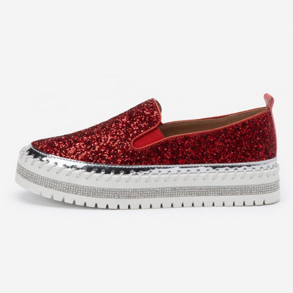 Suprclark Women Slip On Sparkly Loafers - Red