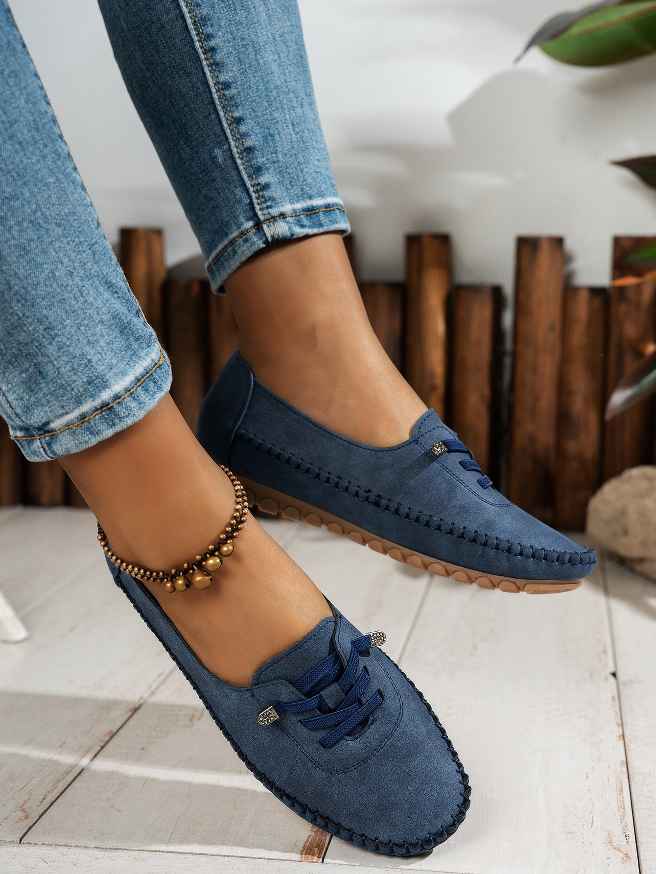 Blue women's casual slip-on loafers side view