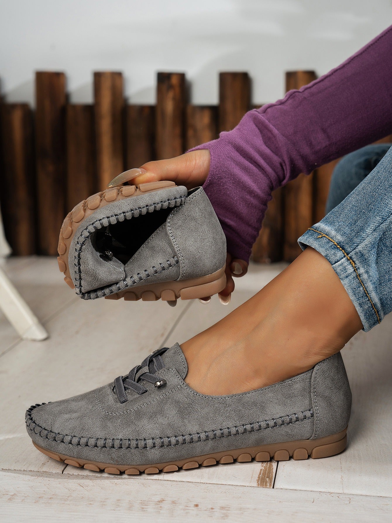 Gray women's soft comfort slip-on loafers flexible design