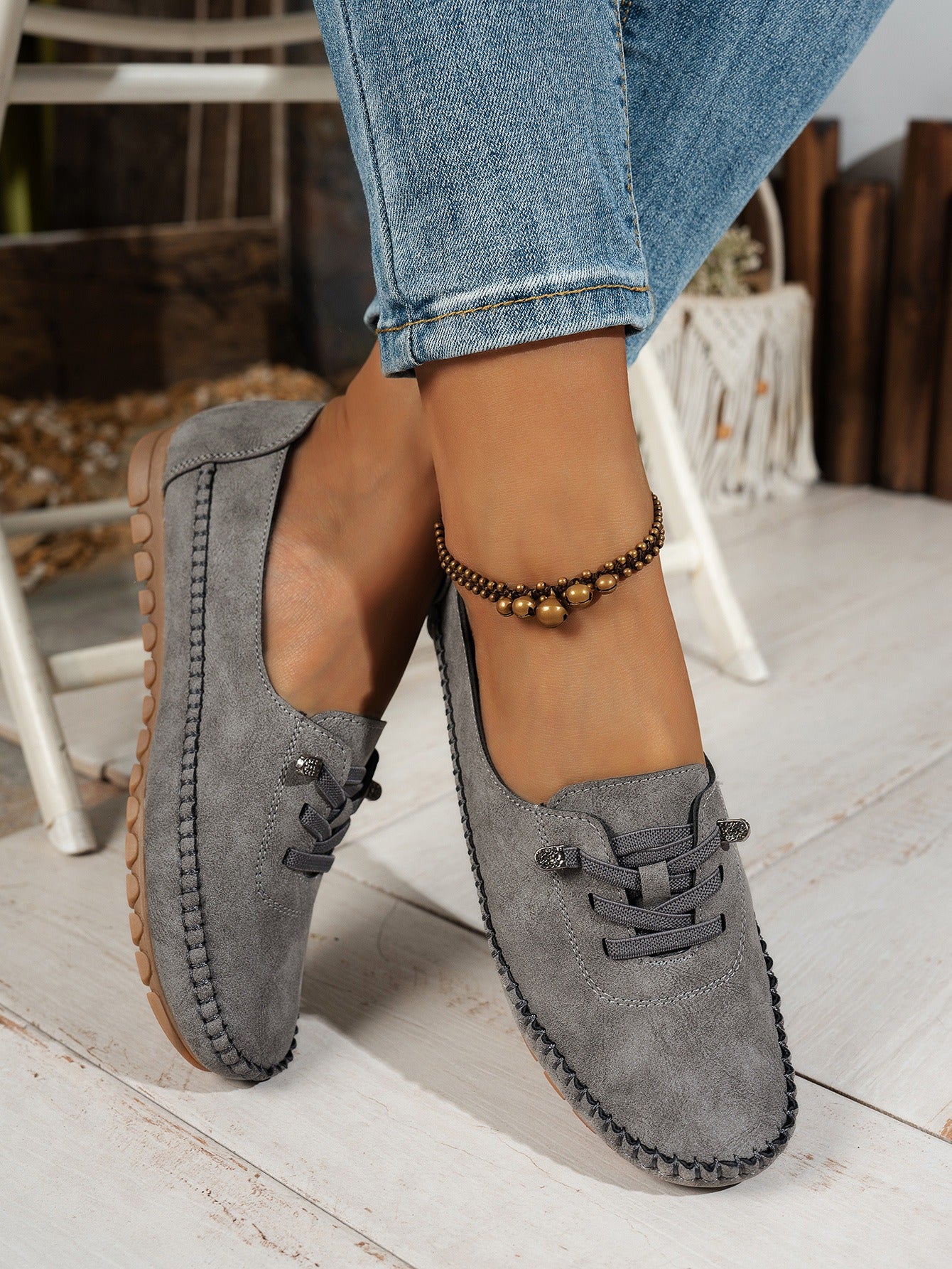Gray women's casual slip-on loafers side view
