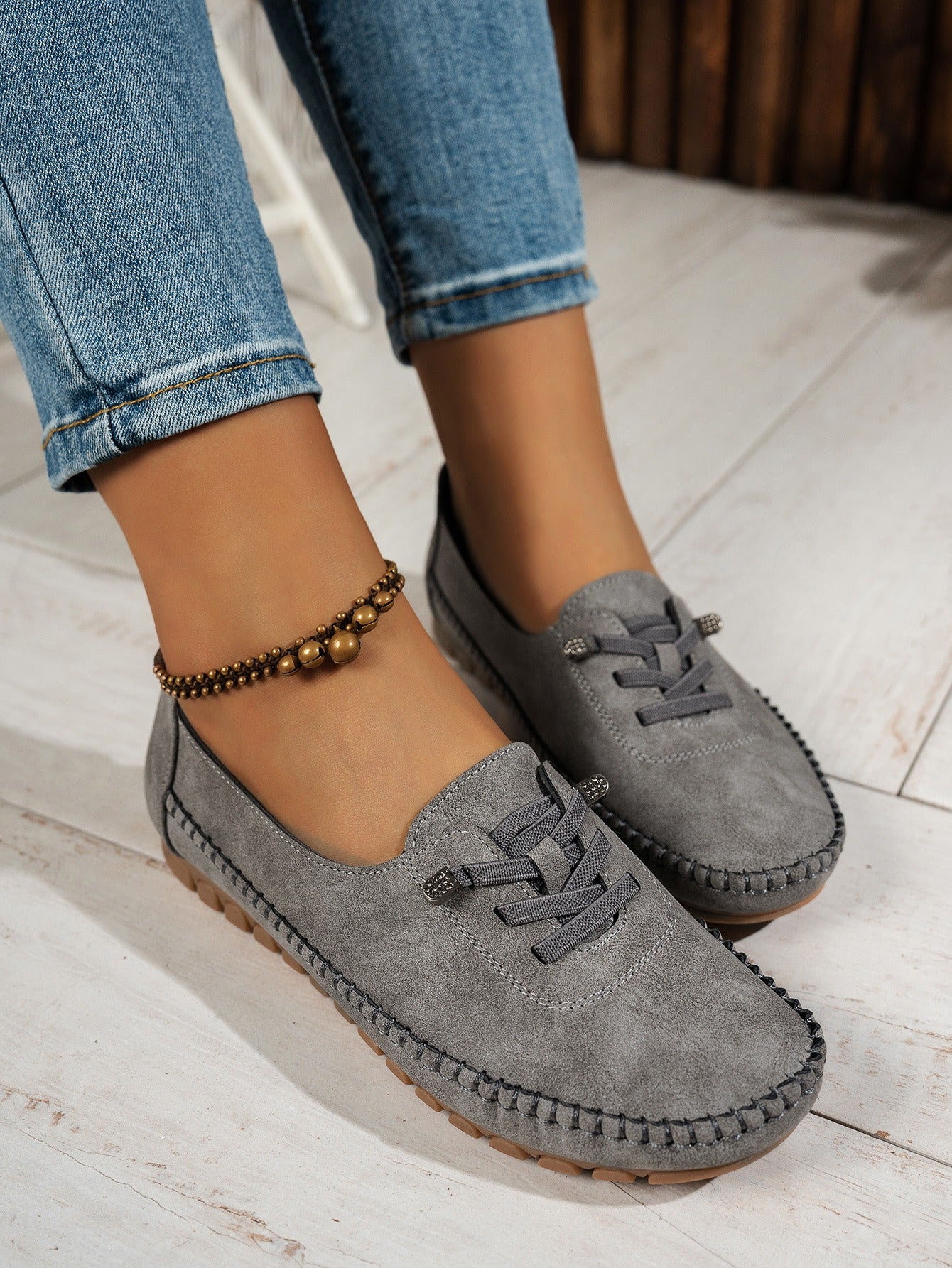 Gray comfortable loafers front view