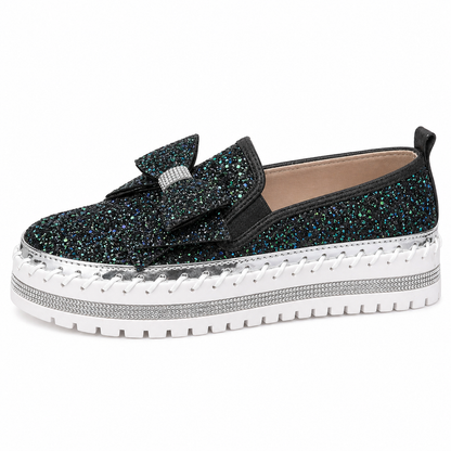 Suprclark Women Sparkly Loafers - Black Green