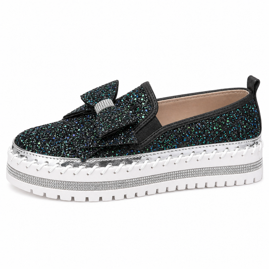 Suprclark Women Sparkly Loafers - Black Green