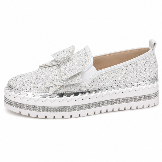 Suprclark Women Sparkly Loafers - Beige White