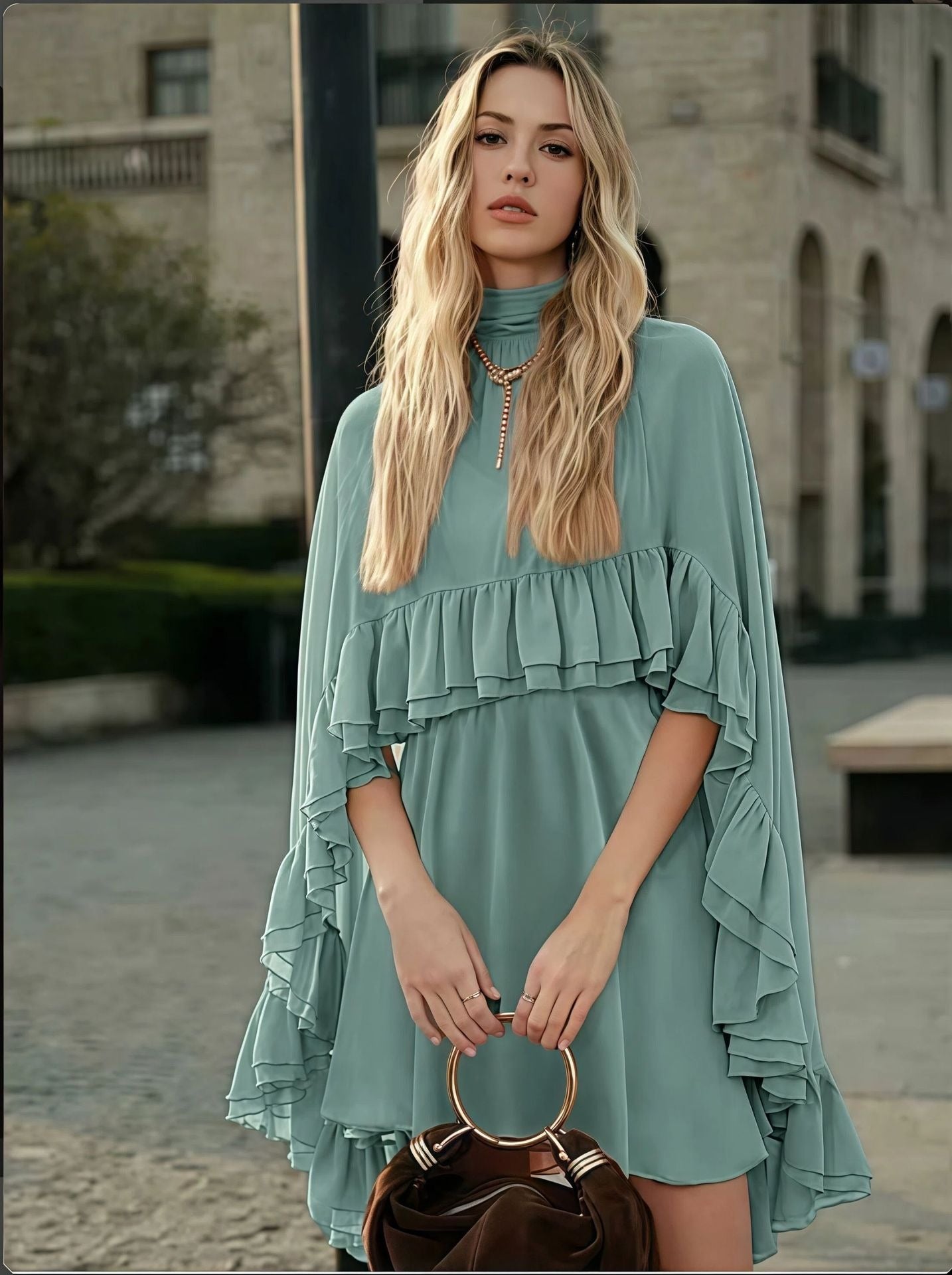 Dusty Rose Tiered Ruffle Cape Dress Set