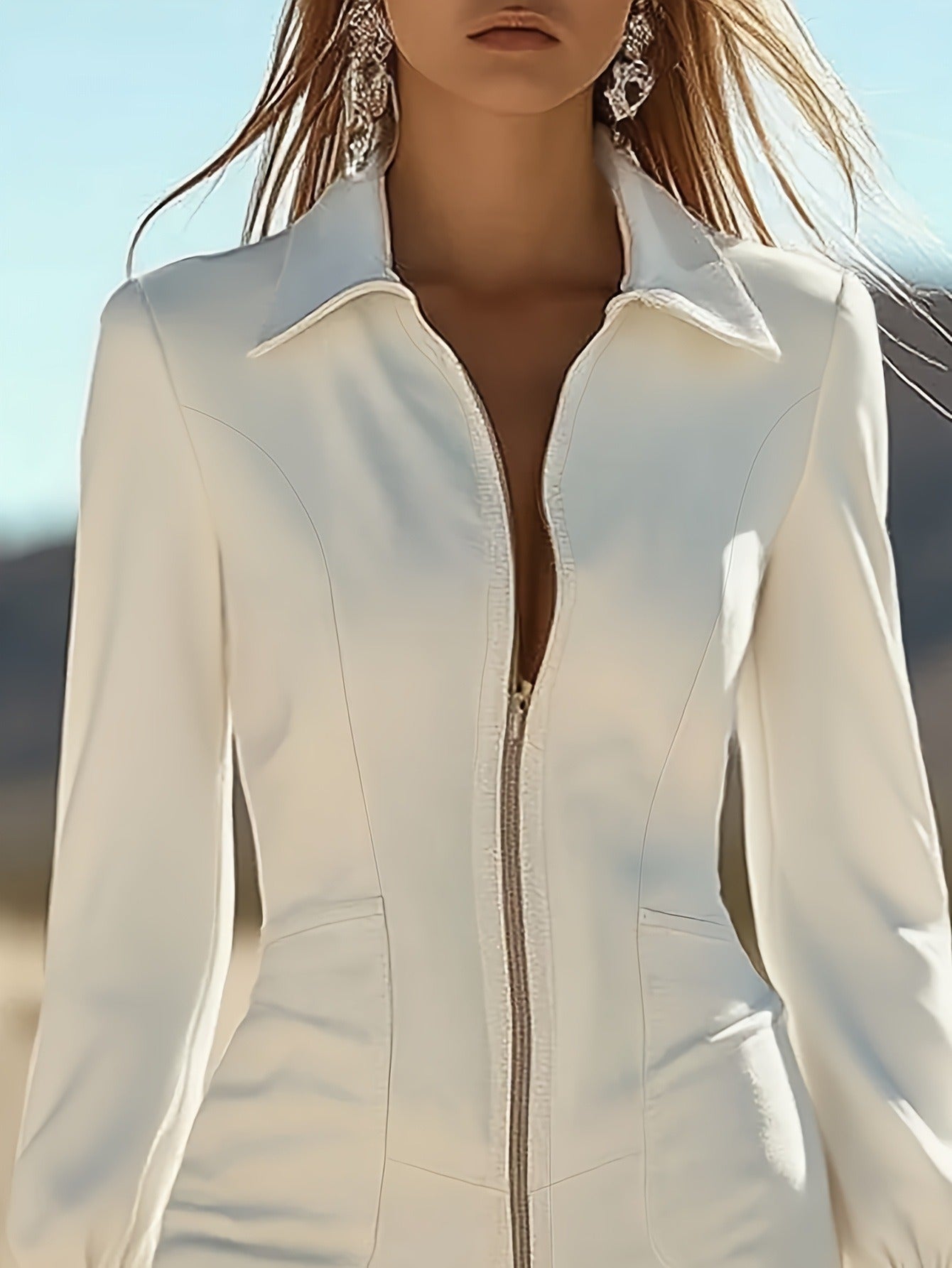 Western Chic White Fringe Zip-Front Sheath Dress
