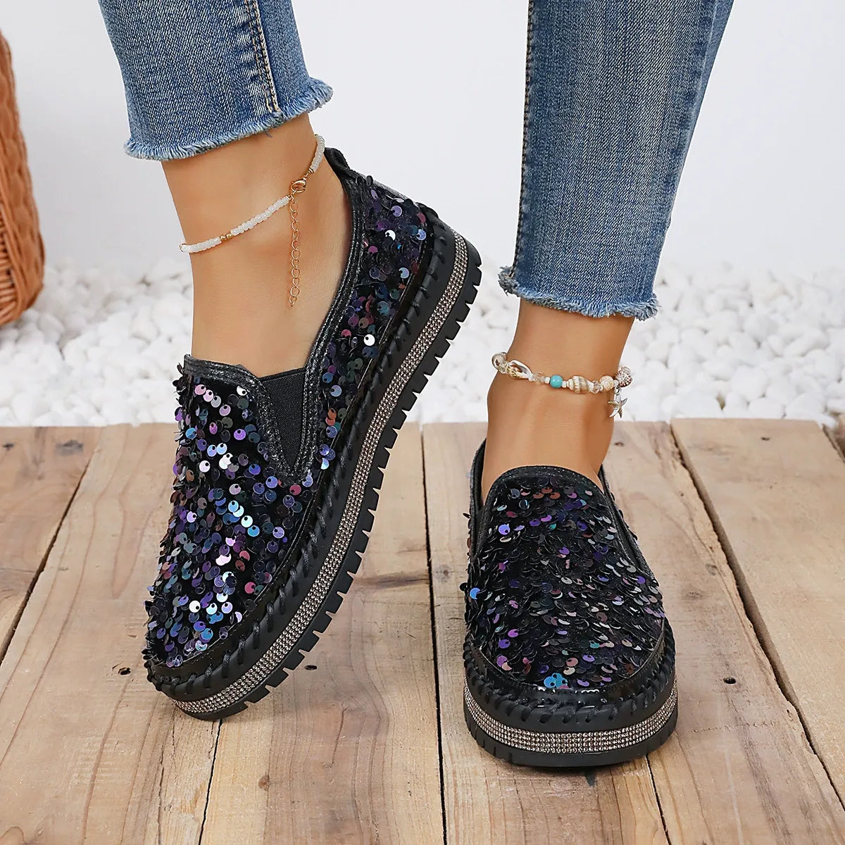 New Sequins Thick-Soled Slip-On Shoes