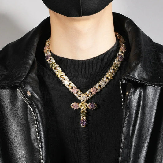 18K Gold Vacuum Plated Copper with 5A+ Sri Lanka Zircon Colorful Flower Cross Necklace