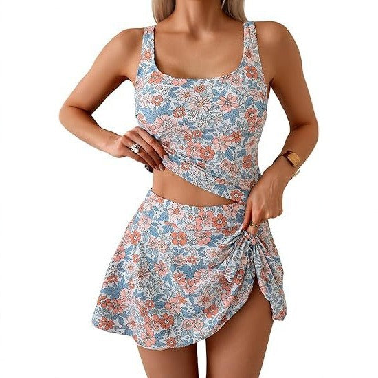 Floral Vintage Split-Skirt Swim Set
