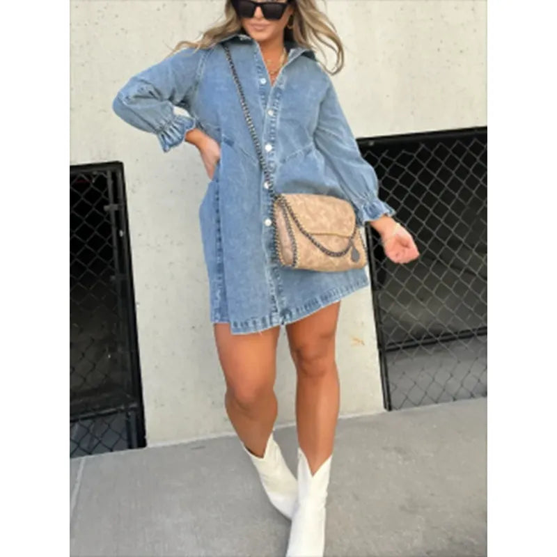 Denim Shirt Dress with Fringed Hem and Flutter Sleeves