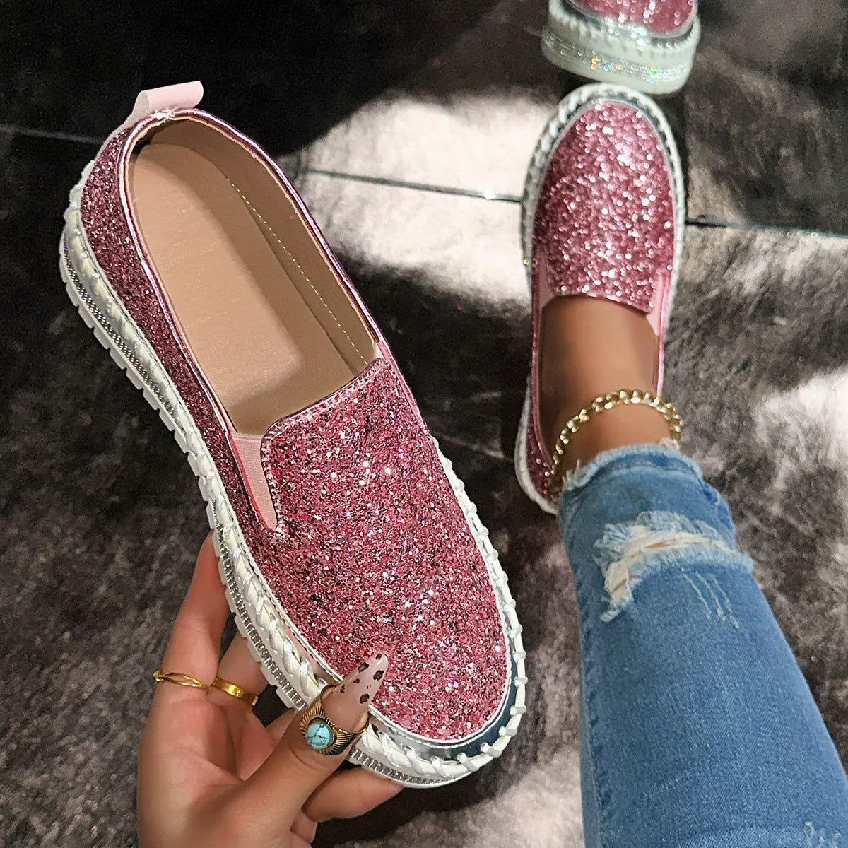 Fashionable Rhinestones Thick-Soled Loafers