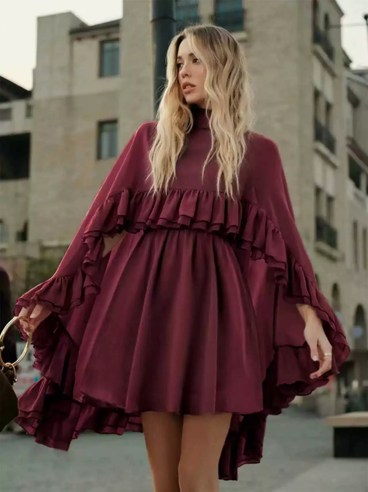 Dusty Rose Tiered Ruffle Cape Dress Set