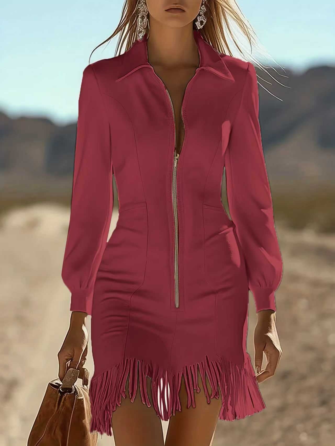 Western Chic White Fringe Zip-Front Sheath Dress