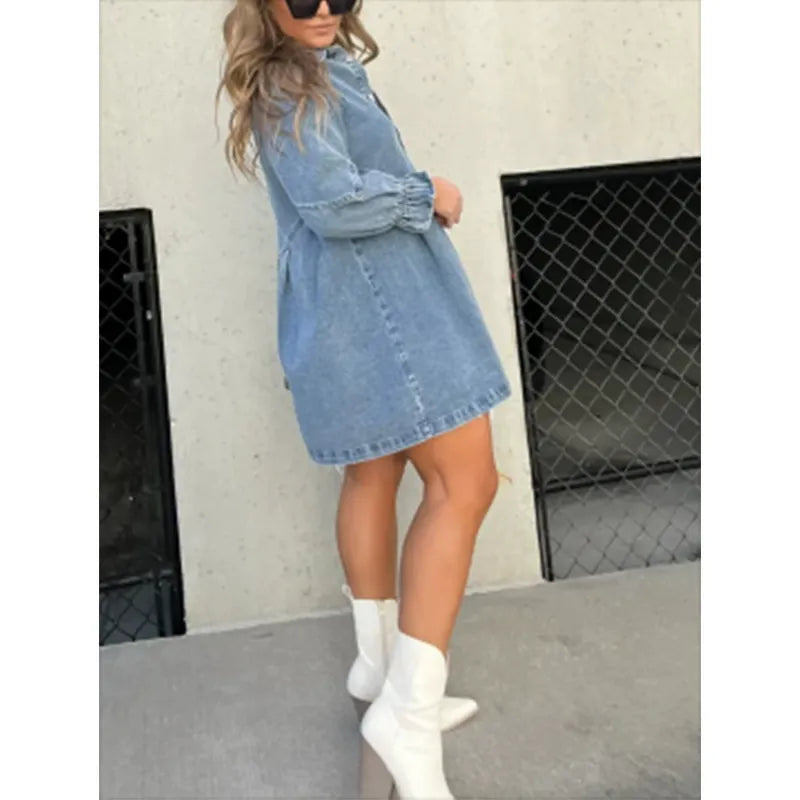 Denim Shirt Dress with Fringed Hem and Flutter Sleeves