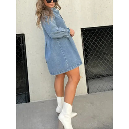 Denim Shirt Dress with Fringed Hem and Flutter Sleeves