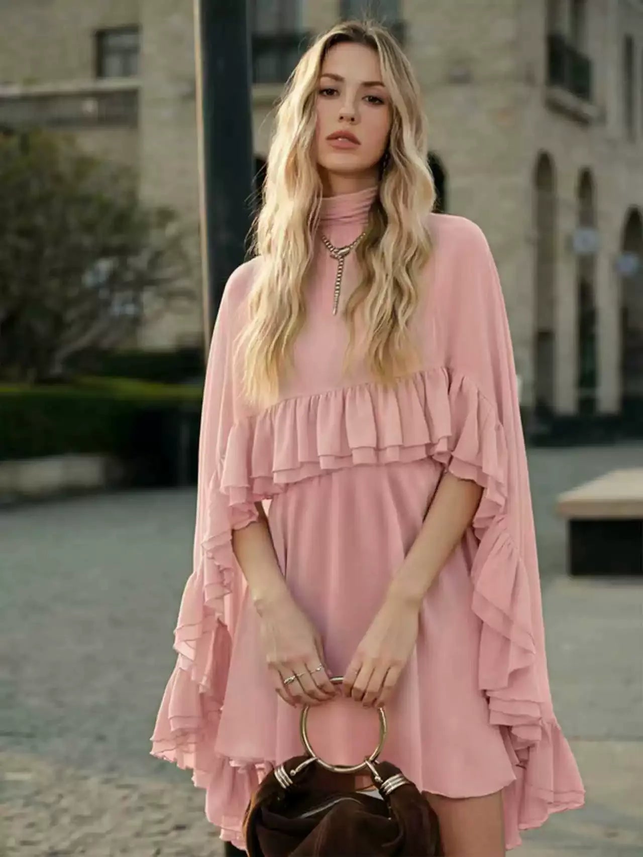 Dusty Rose Tiered Ruffle Cape Dress Set