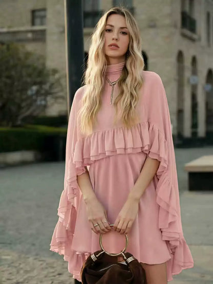 Dusty Rose Tiered Ruffle Cape Dress Set