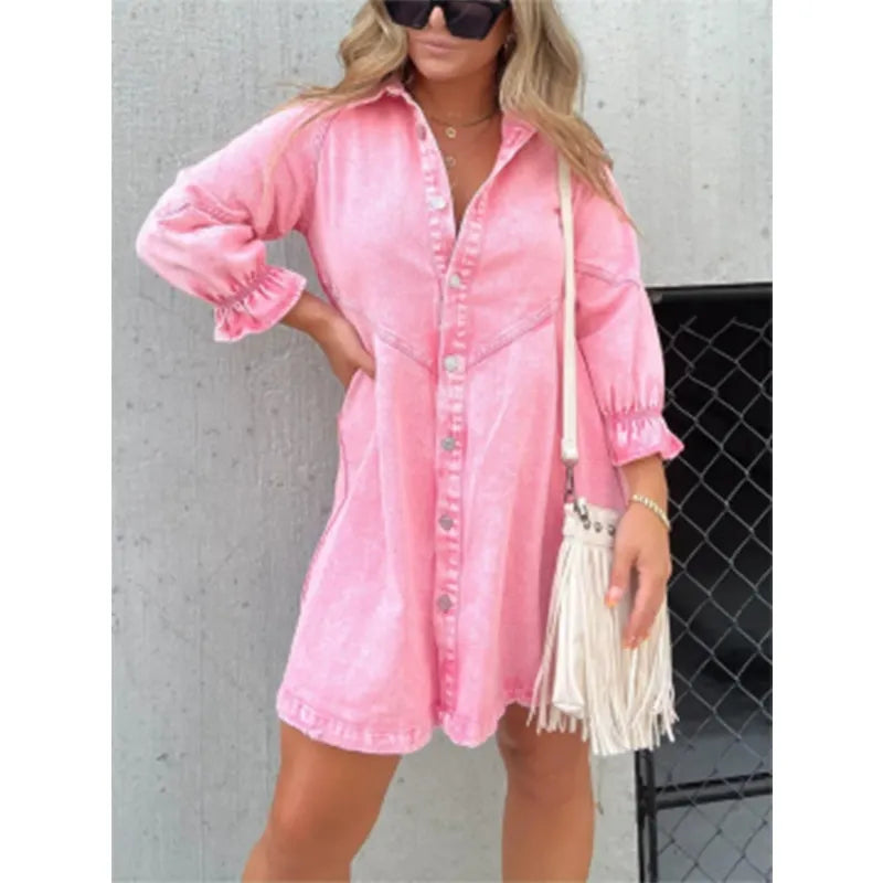 Denim Shirt Dress with Fringed Hem and Flutter Sleeves