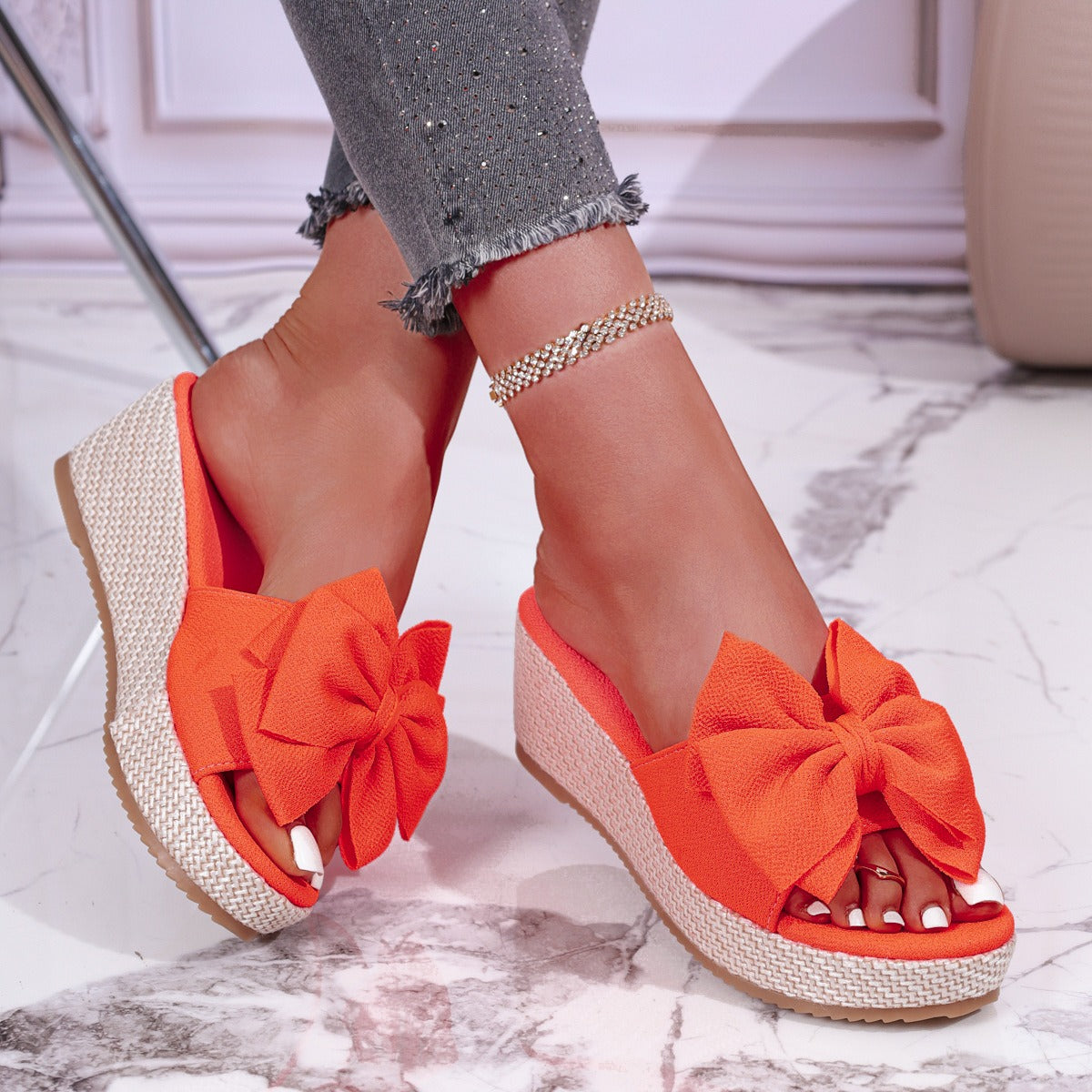 Women's New Elegant Bow Thick Bottom Platform Slippers