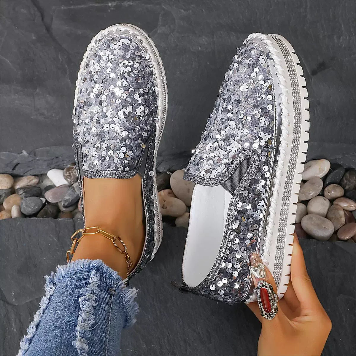 New Sequins Thick-Soled Slip-On Shoes