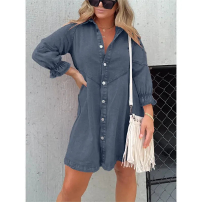 Denim Shirt Dress with Fringed Hem and Flutter Sleeves
