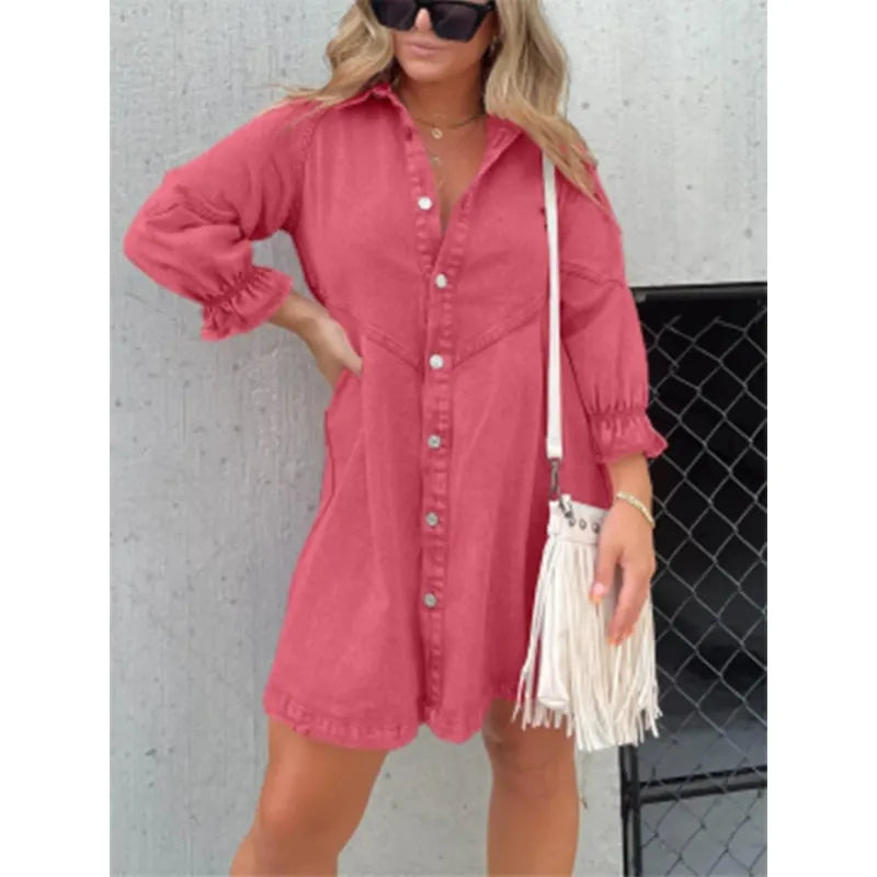 Denim Shirt Dress with Fringed Hem and Flutter Sleeves