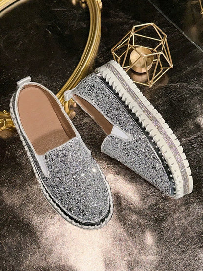 Fashionable Rhinestones Thick-Soled Loafers