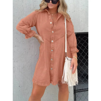 Denim Shirt Dress with Fringed Hem and Flutter Sleeves