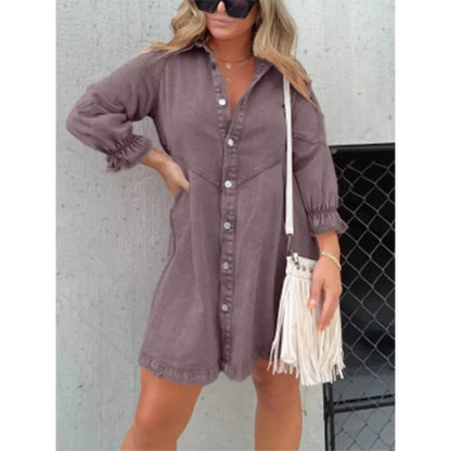 Denim Shirt Dress with Fringed Hem and Flutter Sleeves