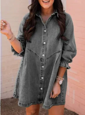 Denim Shirt Dress with Fringed Hem and Flutter Sleeves