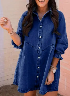 Denim Shirt Dress with Fringed Hem and Flutter Sleeves