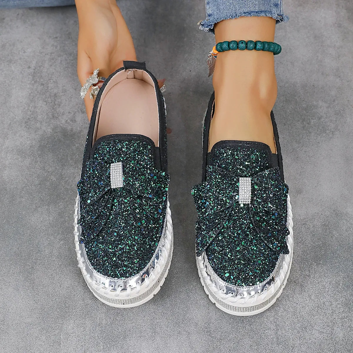 Women's Rhinestone Slip-On Sparkly Loafers