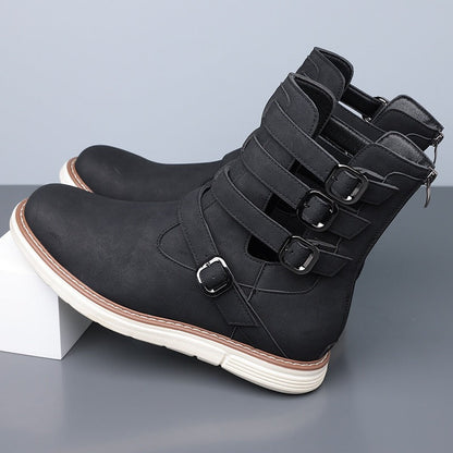 Simple hollow Daily Leather Comfy Boots - Bellkmart