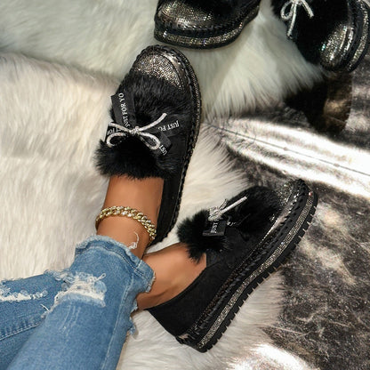 Women's Rhinestone Bow Plush Sparkly Shoes
