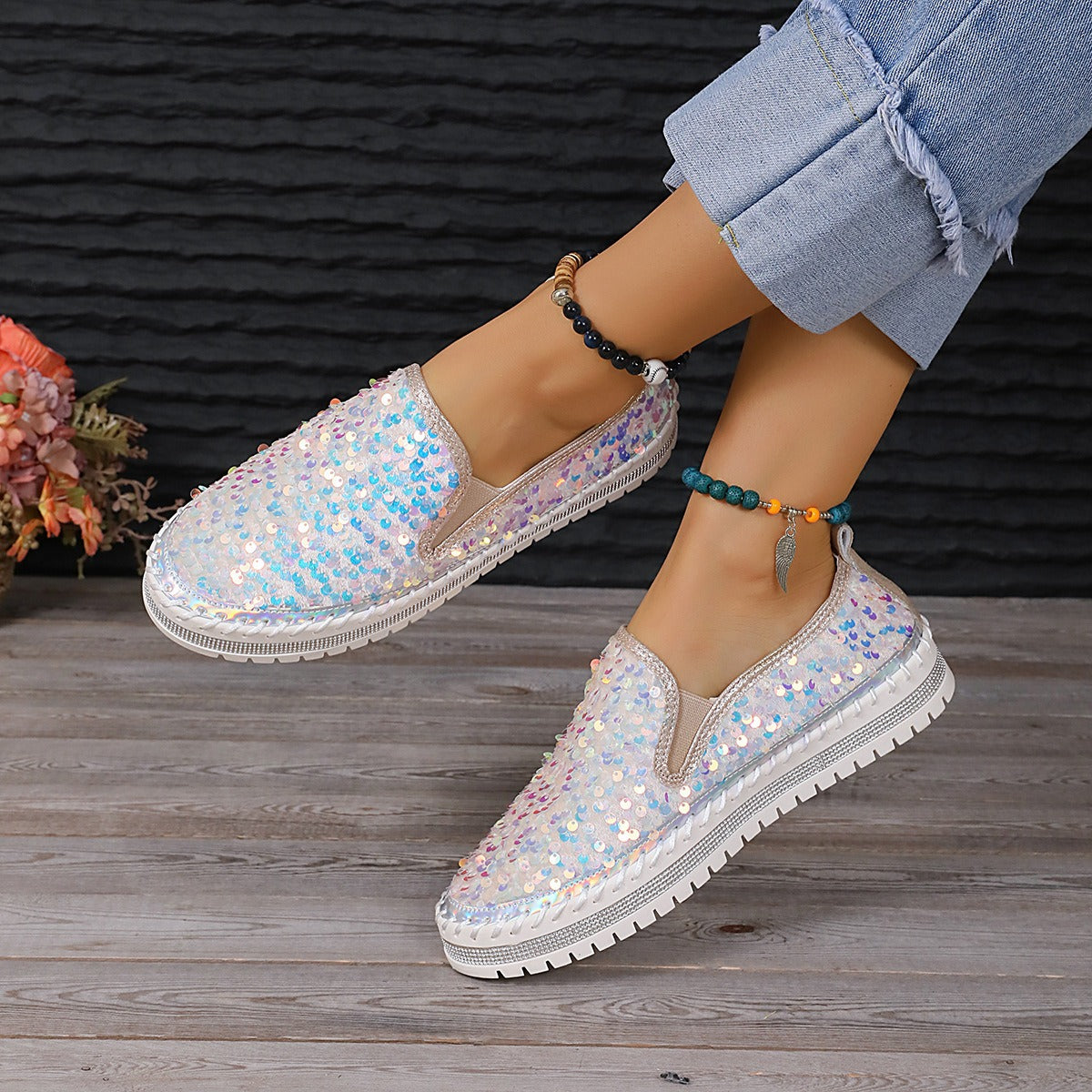 New Sequins Thick-Soled Slip-On Shoes