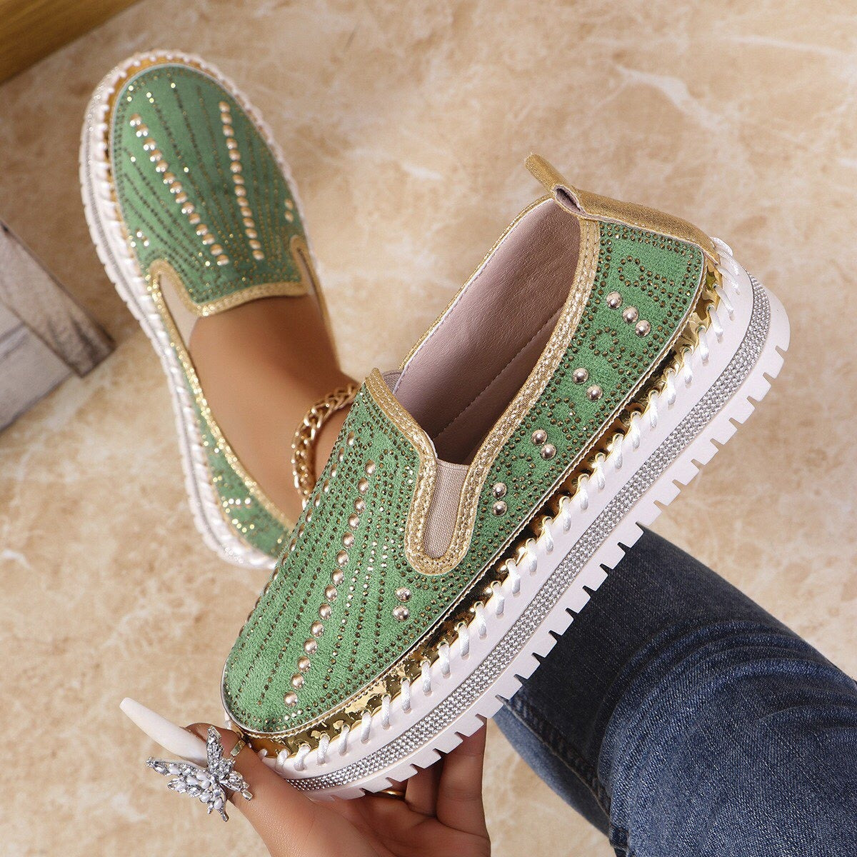 Women's Sparkling Rhinestone Casual Slip-On Platform Shoes